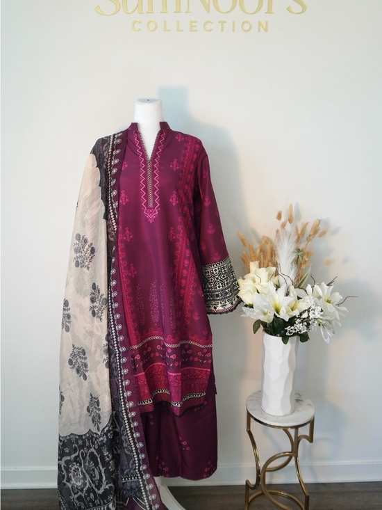 sumnoors Dresses & Skirts - Embroidered Plum Kurta Set with Printed Shawl